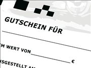 Schner Geschenkgutschein ber 20,- Euro mit farbigen, transparenten Kuvert und Prospekt der Kartbahn.